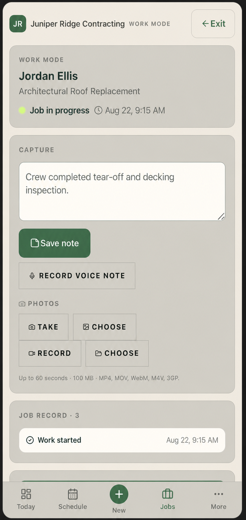 ACK Field Work Mode capturing job notes, voice notes, and photos attached to the job record.